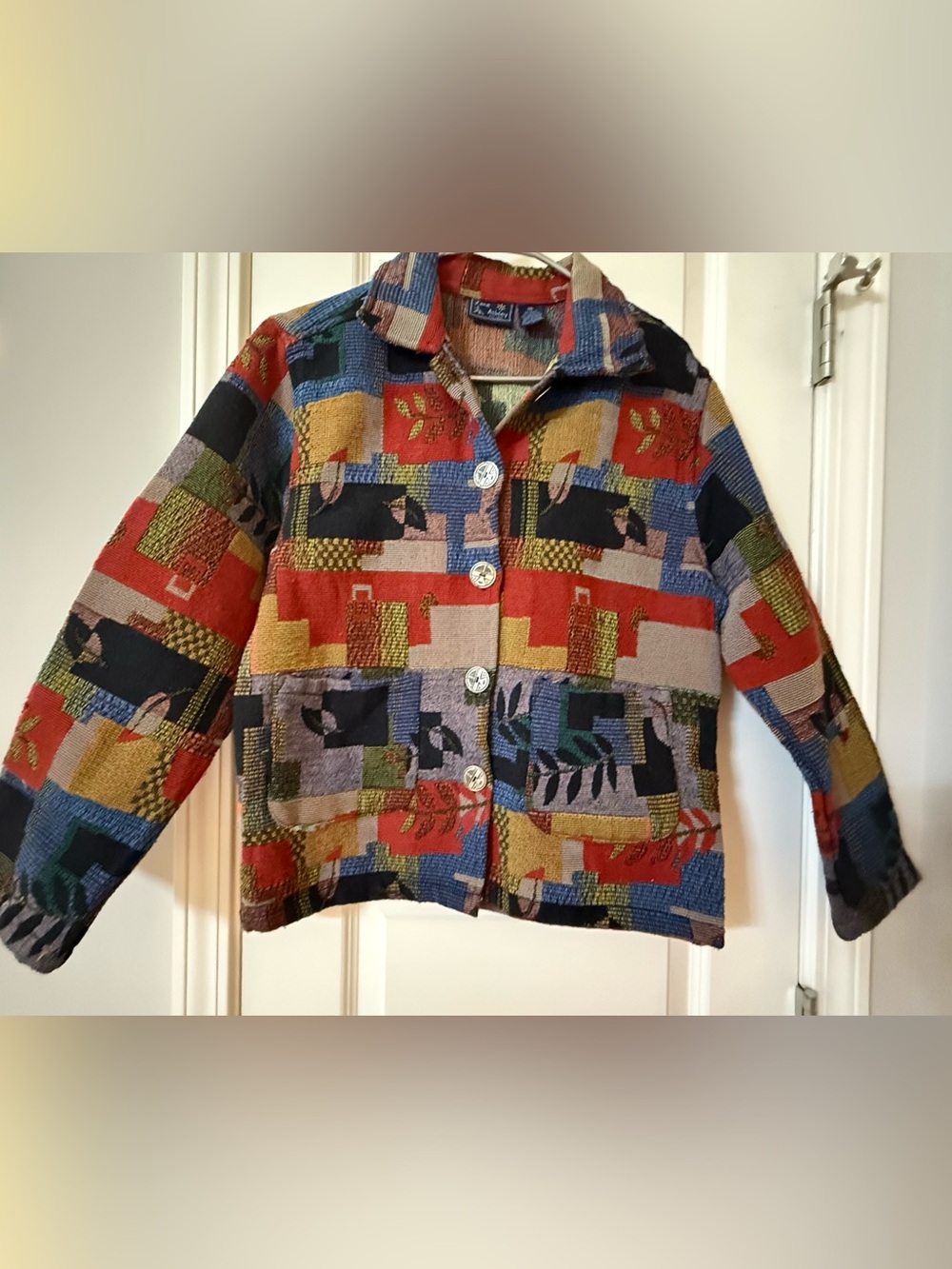 Vintage Laura Ashley Tapestry Jacket Geometric Patchwork Leaf Art Size Medium